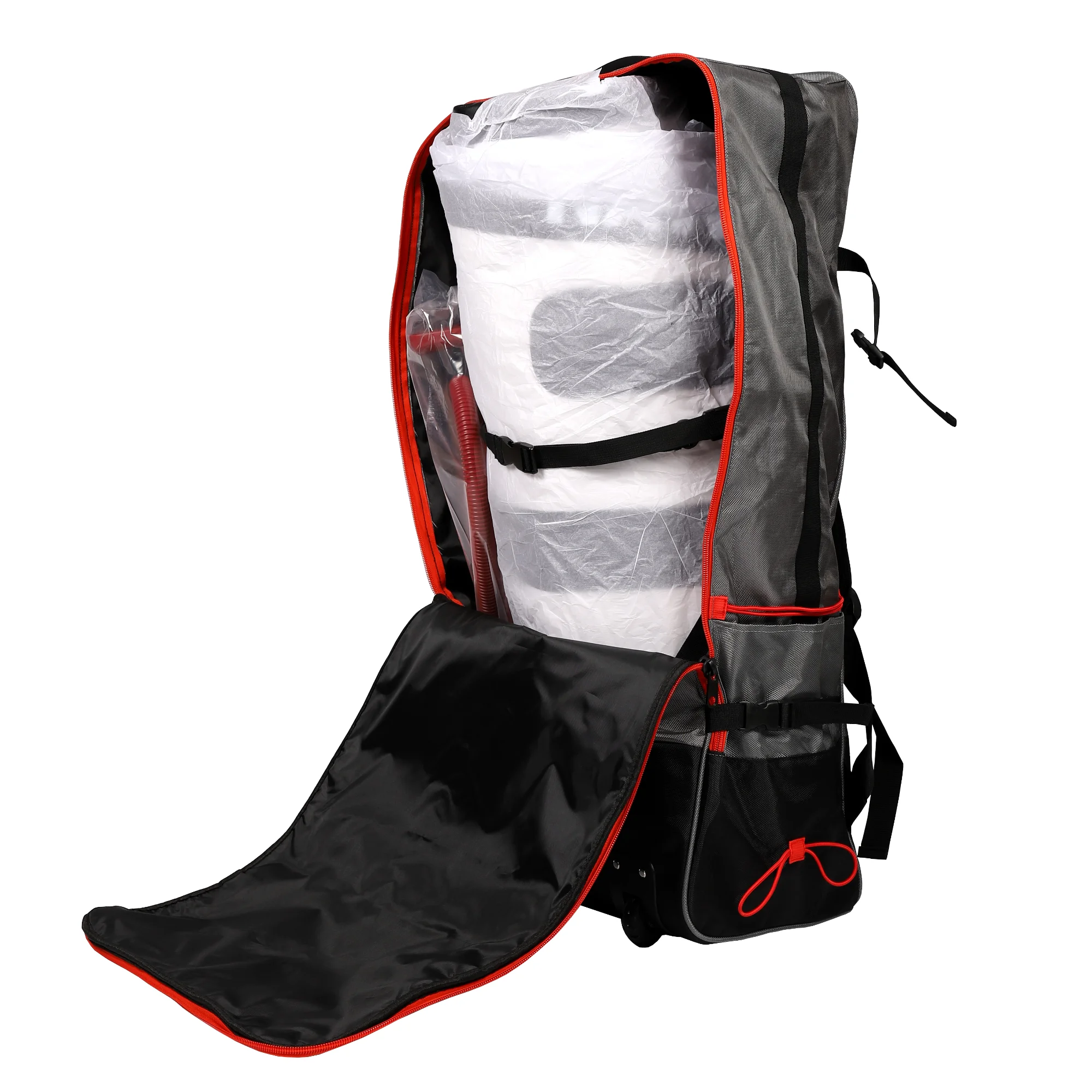 Sup Board geoeffneter Rucksack als Trolley Bag Farbe grau. Zeigt zusammengeroltes aufblasbares Stand up Paddel Board, wie es zusammen mit Sup Pumpe im Rucksack verstaut wird.