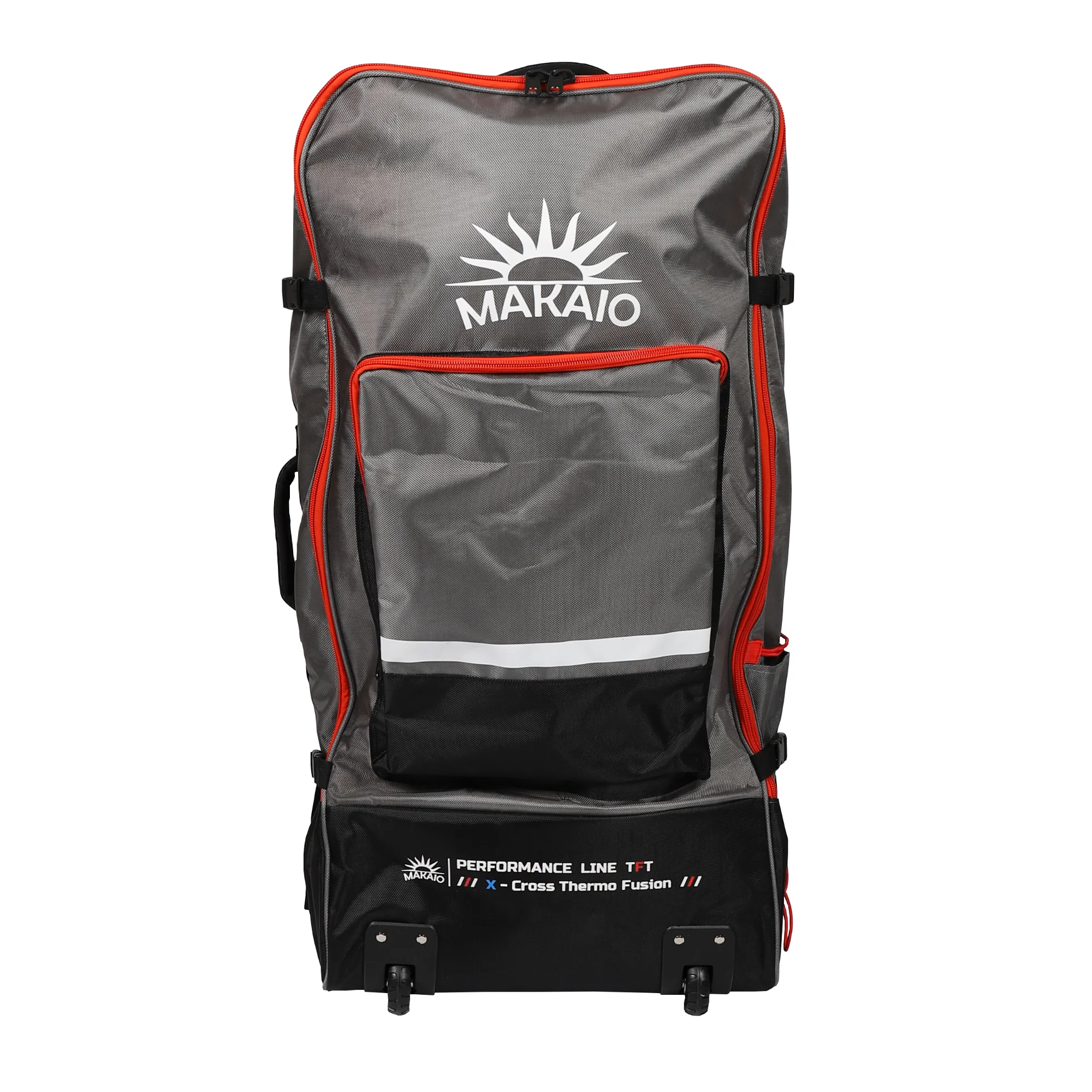 Sup Board Rucksack als Trolley Bag, Farbe grau. Vorderansicht, mit aufgesetzter kleiner Tasche und Makaio Logo. Farbiger Reißverschluss in rot.