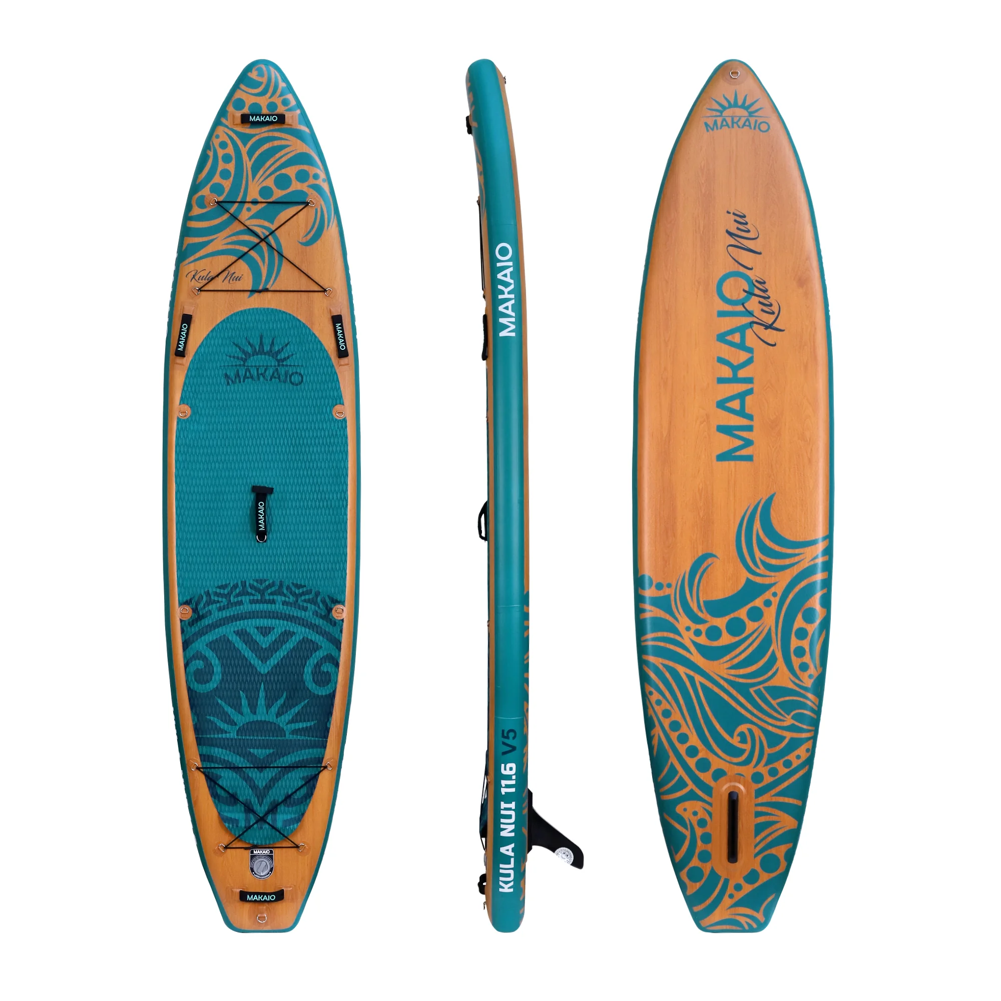SupBoard inflatable Sup Board Makaio Kula-Nui 11.6 V5, im Holzdesign. Ansichten von vorne, seitlich und der Rückseite.