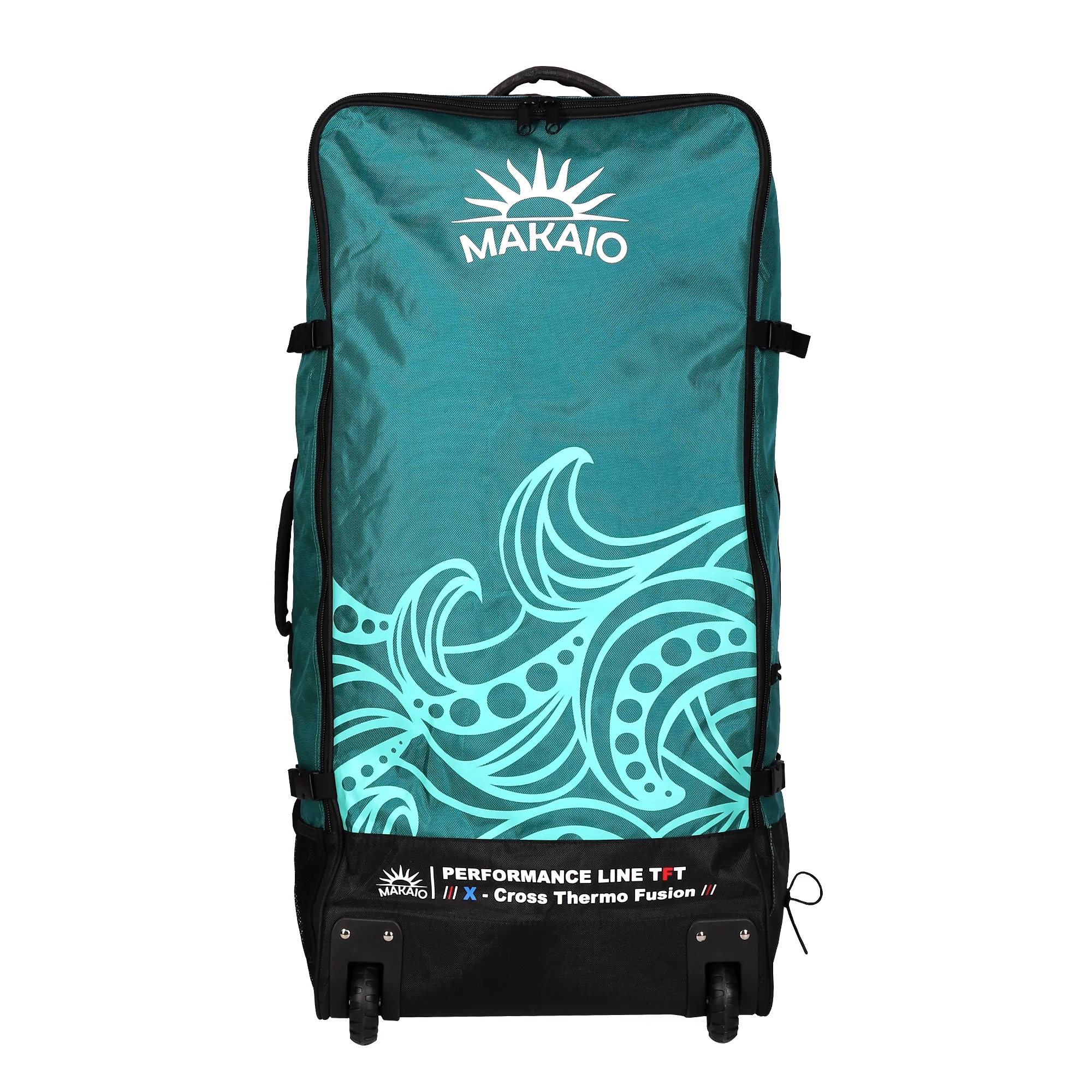 Sup Board Rucksack als Trolley Bag für aufblasbares Supboard. Farbe türkis mit Wellenlogo, Rollen und Tragegriffen. Makaio Logo. Farbiger Reißverschluss in rot.