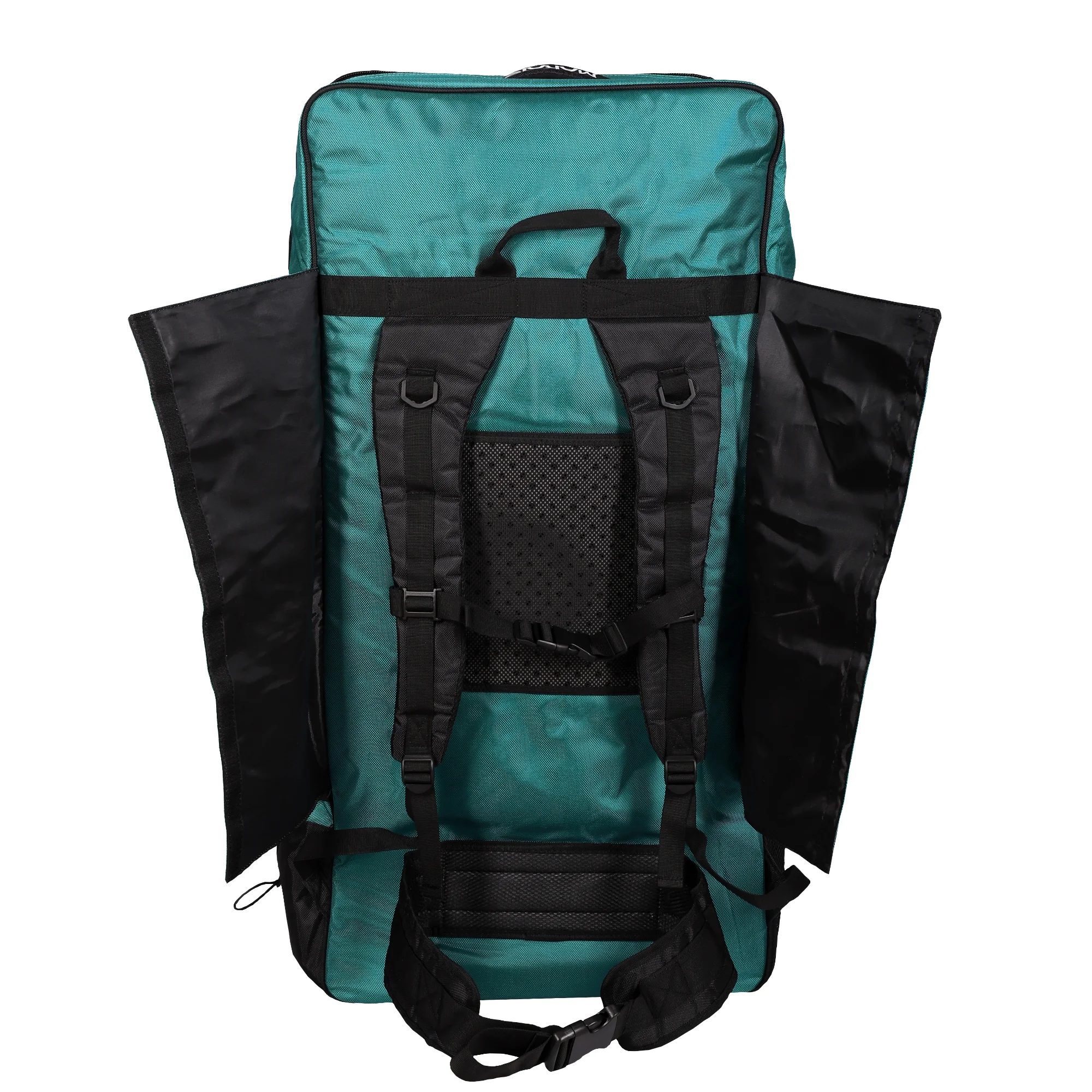 Stand up Paddelboard Rucksack als Trolley Bag,Farbe türkis. Rückseite mit gepolstertem Schulter-und Hüftgurt.