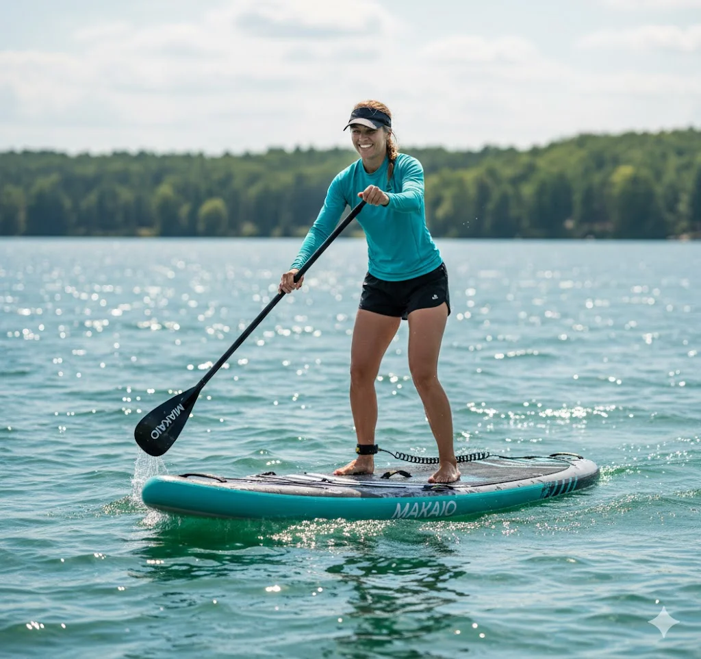 Stand up Paddler-Paddlerin auf sup Board beim Stand up paddeln. Mit Makaio Sup Kula-Nui 11.6 V4
