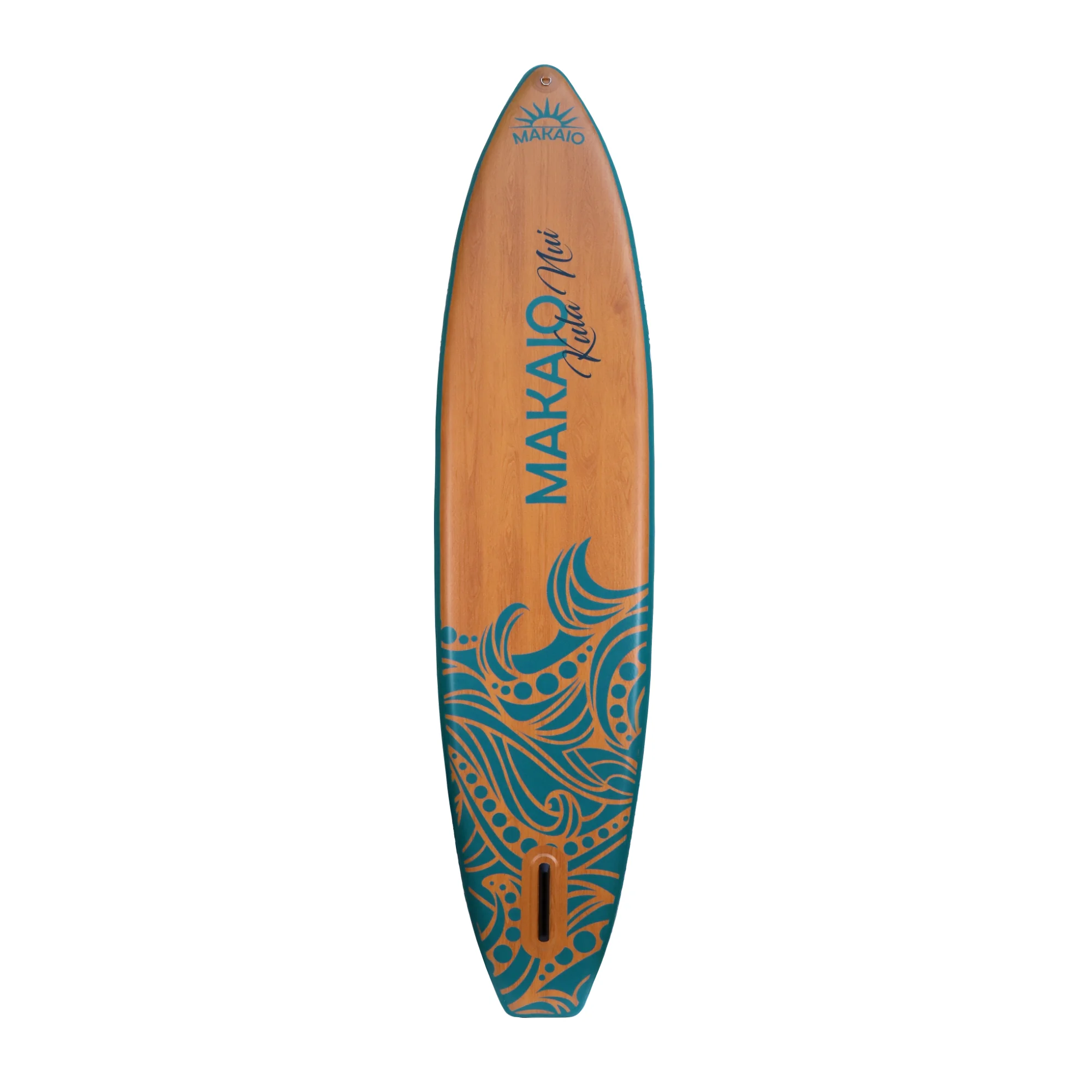 Stand up Paddelboard Makaio Sup. Rückseite Kula-Nui 11.6 V5 in Holzoptik und schönem wave Design.