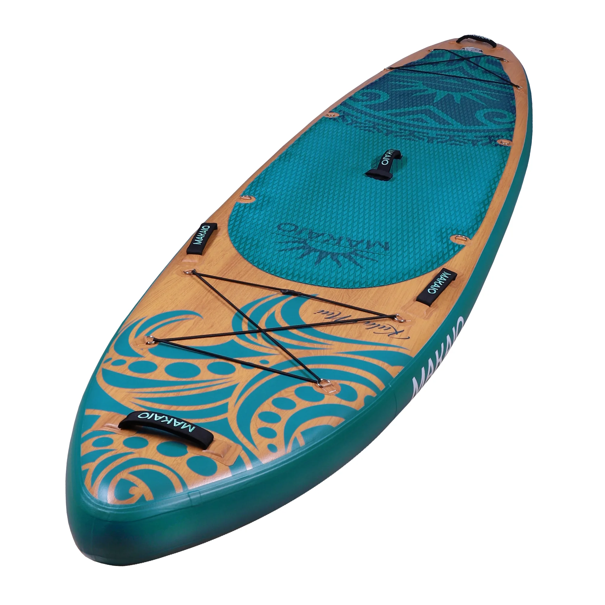 Sup Board iSup Shape im Holzdesign. Mit schönem Logo auf dem Board und EVA Deckpad. Mit Handgriffen und Gepaecknetz.