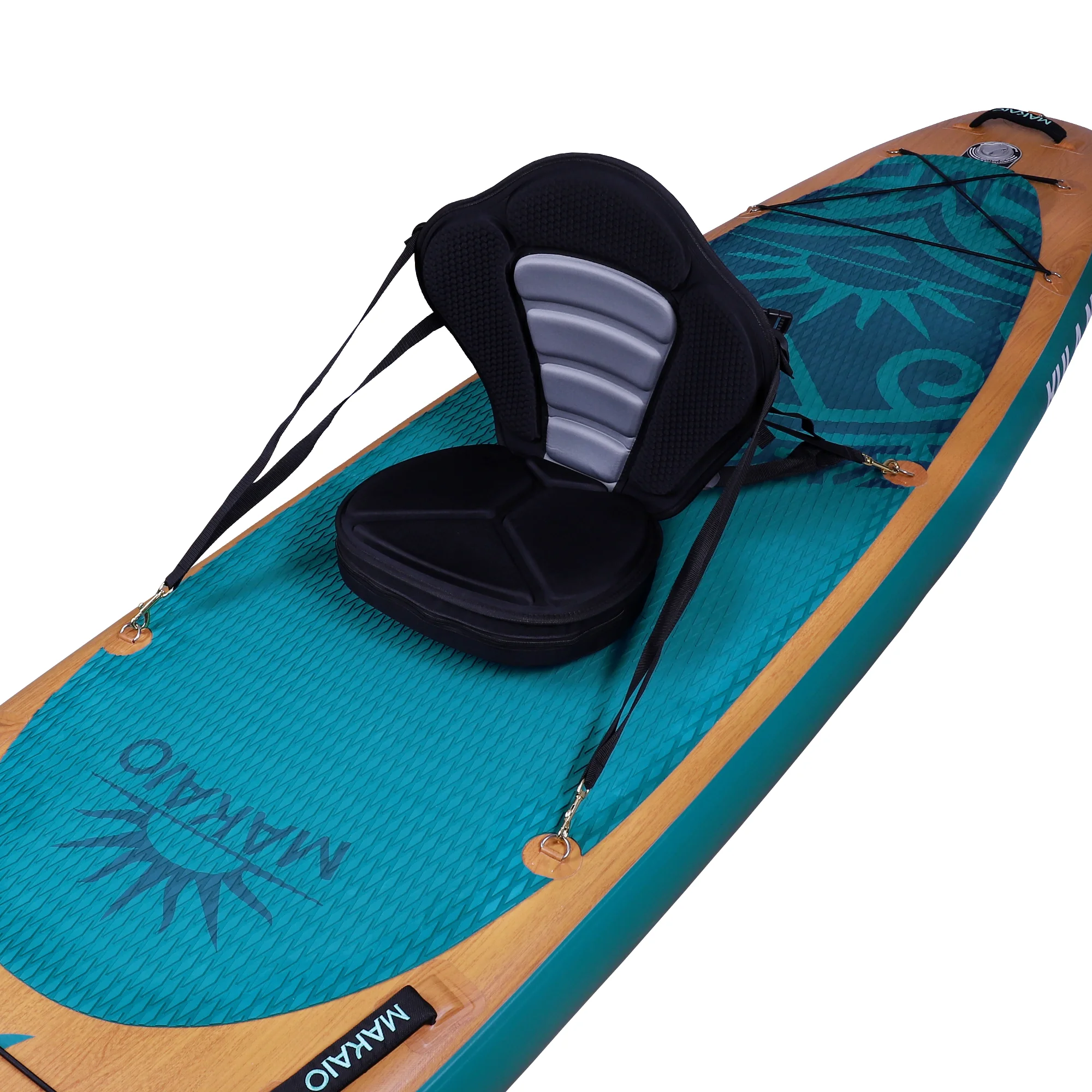 Sup Board iSup, mit montiertem Kajaksitz auf Stand up Paddelboard im Holzdesign.