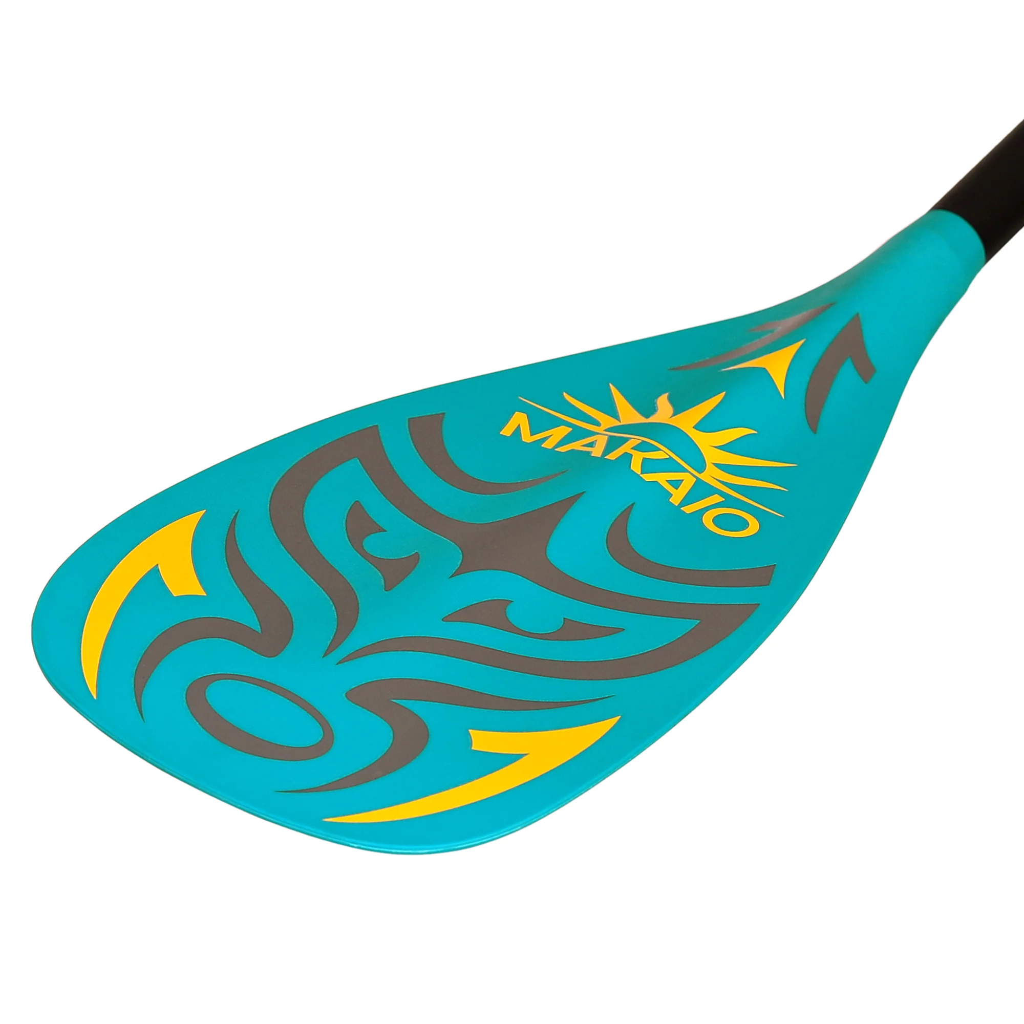 Fiberglas Hybrid Sup Board Paddelblatt türkis in Tropfenform. Vorderseite mit Tiki Logo, vom dreiteiligen Makaio Sup Paddel.