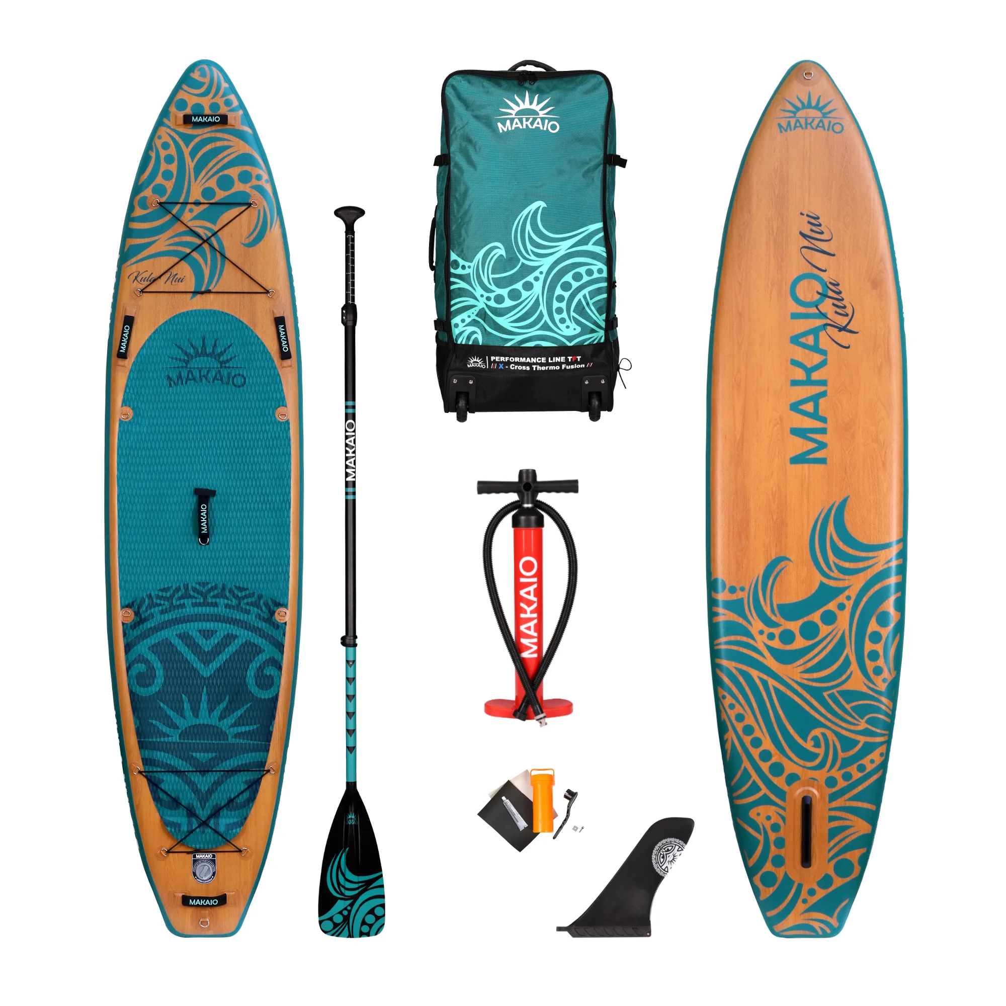 Sup Board als Einsteiger-Allround und Tourenboard von der Firma Makaio. Im Set mit Pumpe, Rucksack als Trolley Bag und Fiberglas Hybrid Sup Paddel. Design Holzoptik.