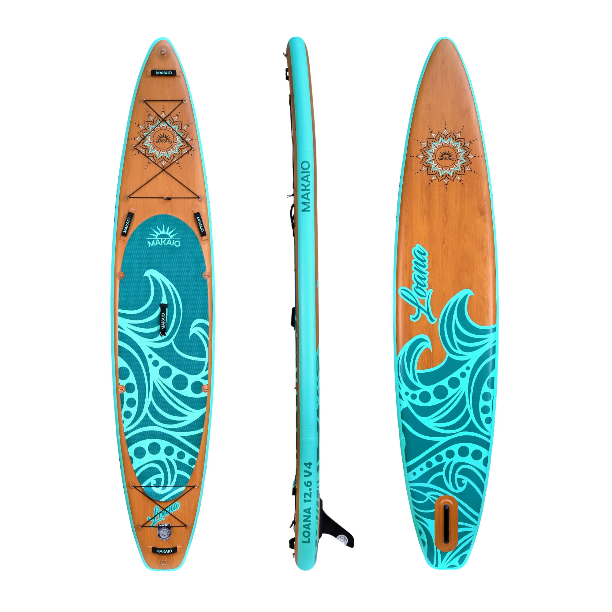 Touring Sup Board in drei Ansichten in Holzoptik und Wellendesign.