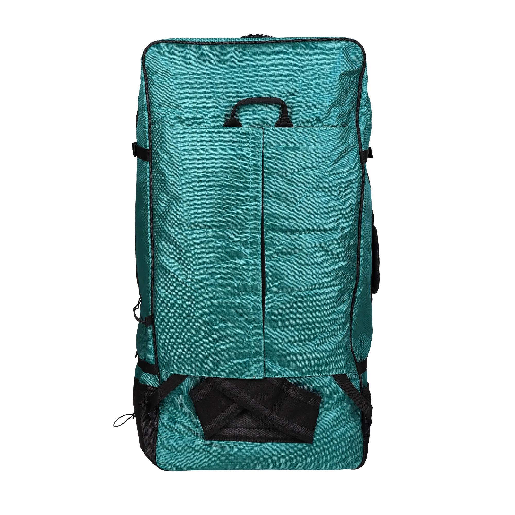 iSup Stand up Paddel Board Rucksack als Trolley Bag. Rückseite mit Abdeckung von Hüft-und Schultergurt. Farbe türkis.