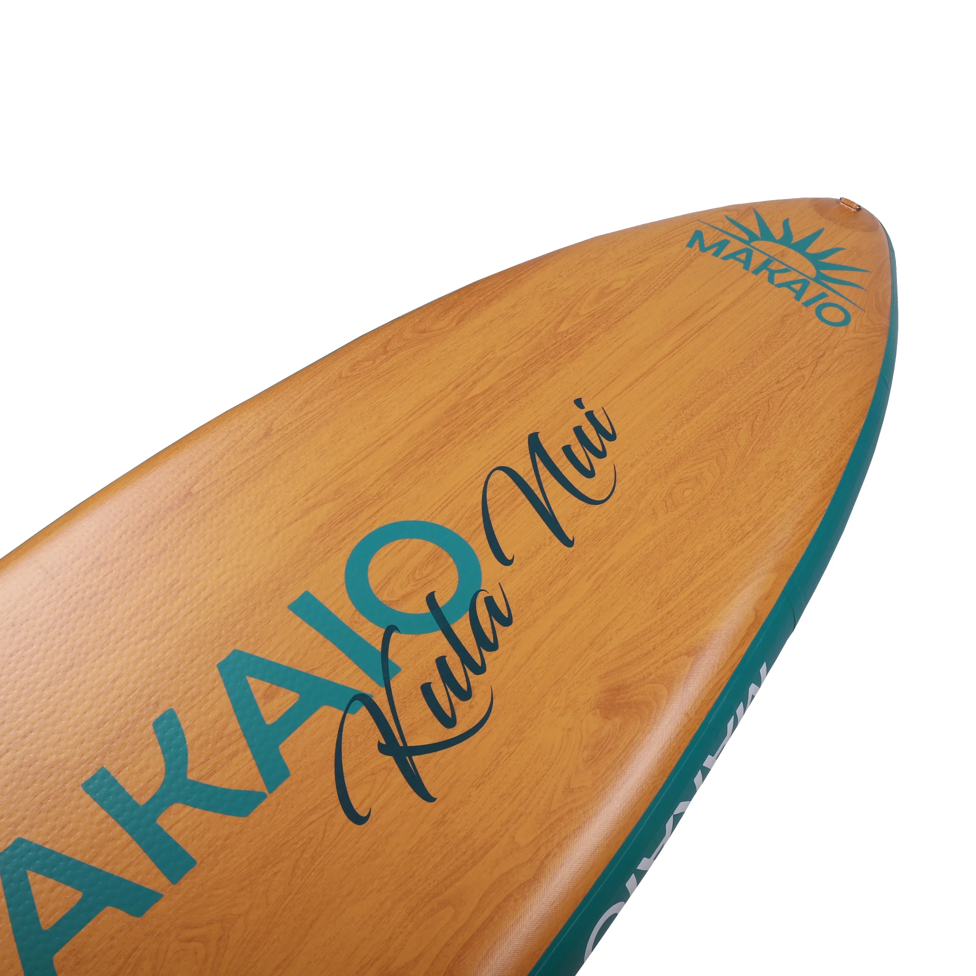 Rückseite Bug,Nose Stand up Paddelboard iSup in Holzoptik. Mit D-Ring und Makaio logo.