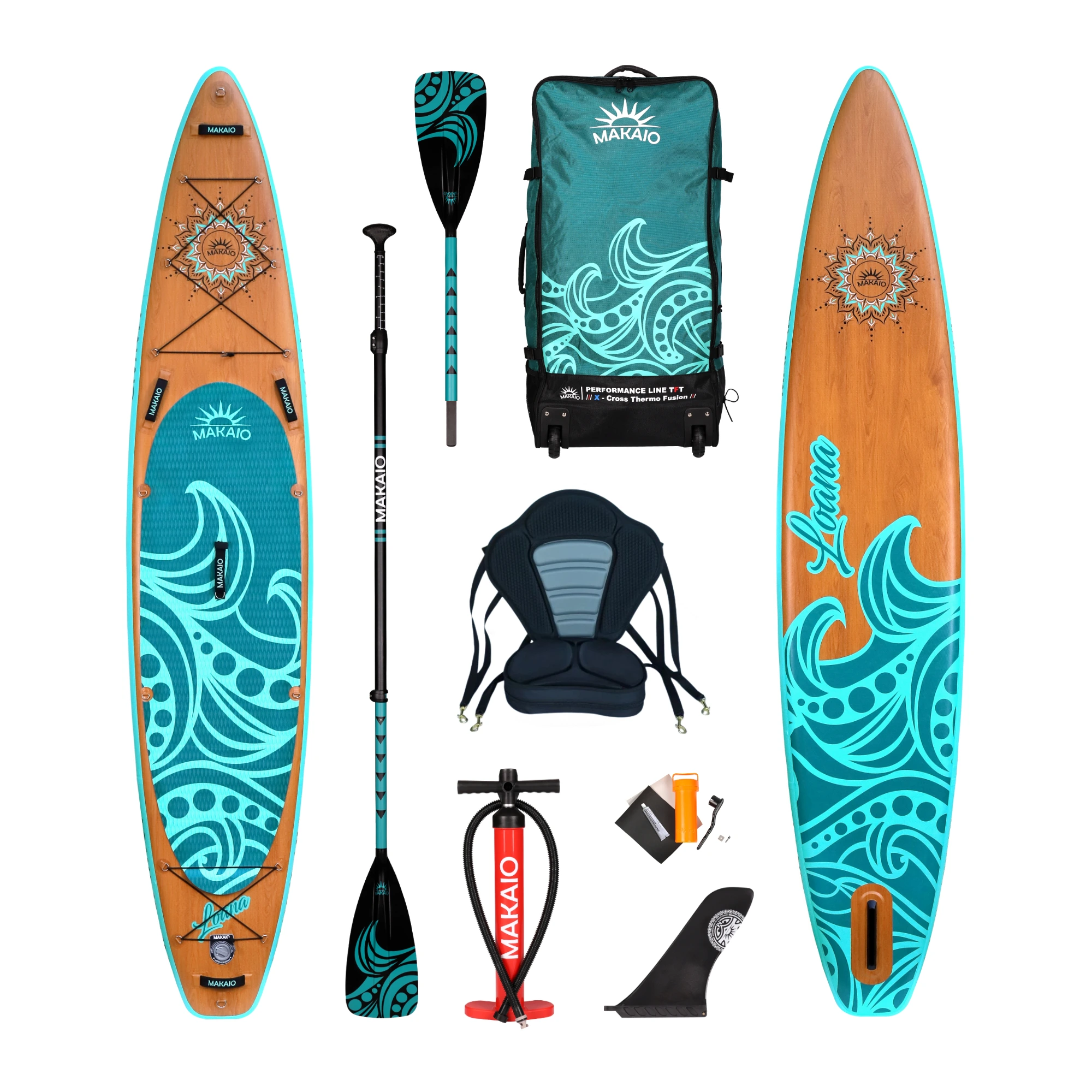 Sup Board mit verschiedenen Zubehörteilen und einem Sup-Kajak Paddel, ideal für Wassersportaktivitäten.