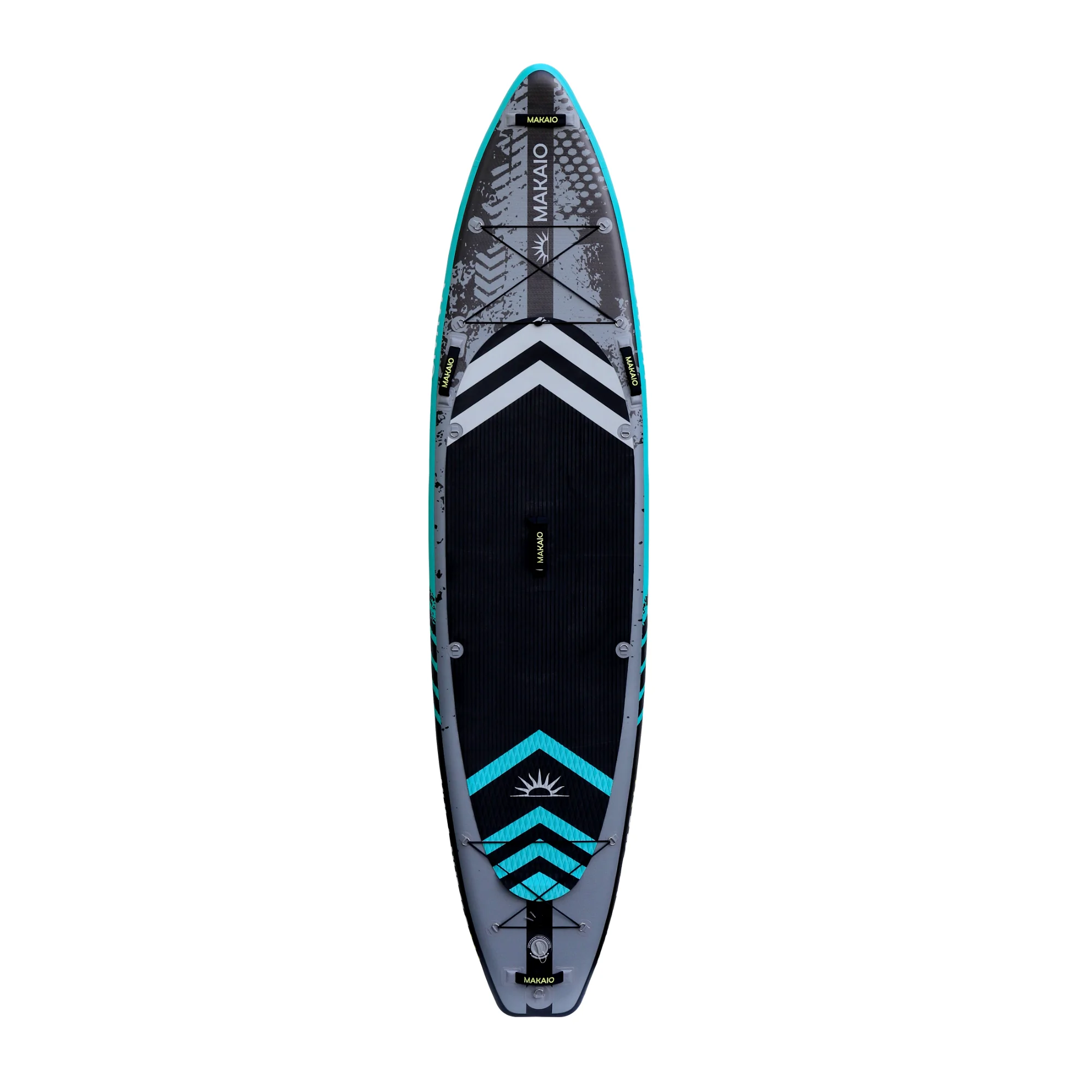Vorderansicht Sup Board, Stand up Paddel Board, Makaio Kula-Nui 11.6. Design Dirtline, grau-schwarz , mit EVA Standfläche, D-Ringen und Handgriffen mit Logo.