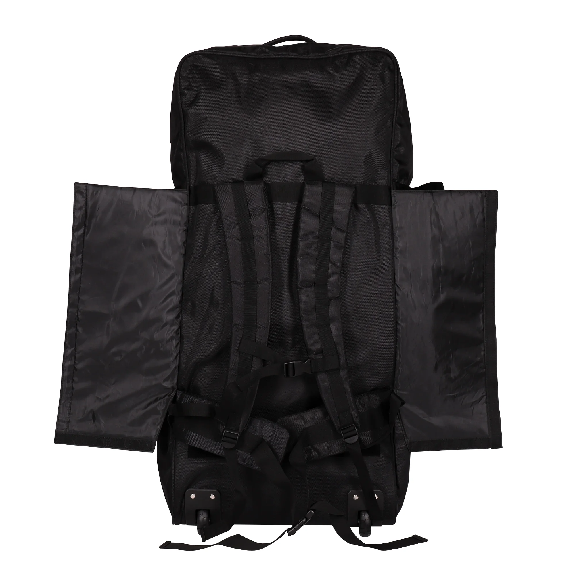 Sup Board Rucksack als Trolleybag, Rueckseite. Schultergurte mit Polsterung, mit gepolstertem Hüftgurt und klappbarer Transportabdeckung.