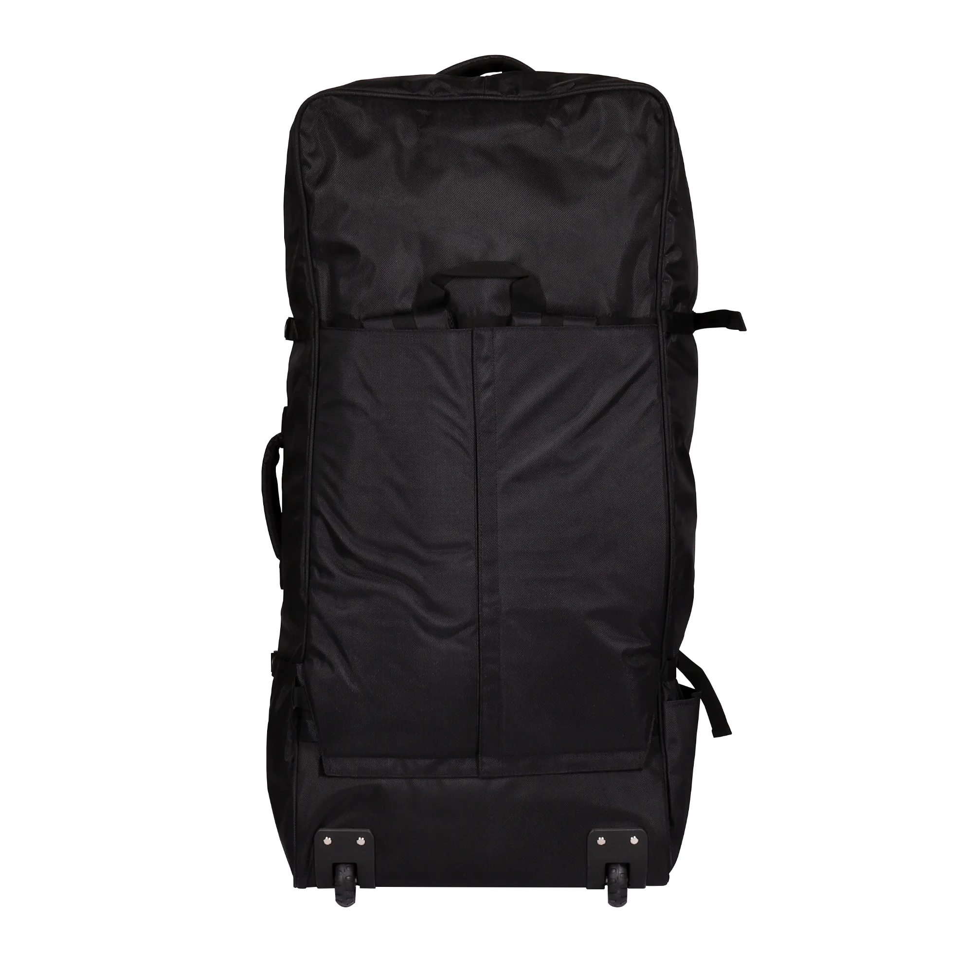 Sup Board Rucksack als Trolleybag, Rueckseite. Schultergurte mit Polsterung, mit gepolstertem Hüftgurt und klappbarer geschlossener Transportabdeckung.