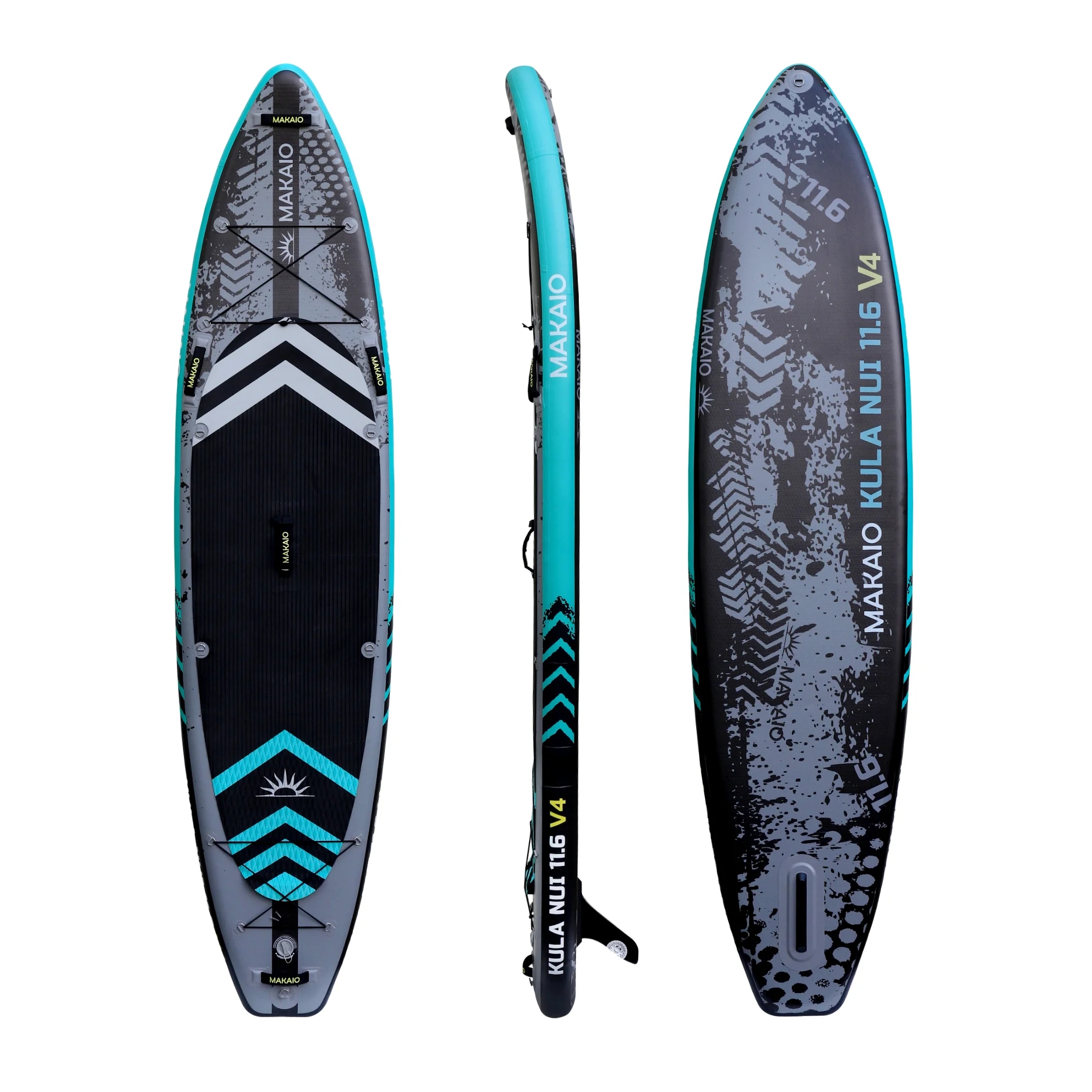 Sup Board als Einsteiger und Tourenboard von der Firma Makaio. design Dirtline. Modell Kula-Nui 11.6 V4. Ansicht von vorne, von der Seite und von hinten