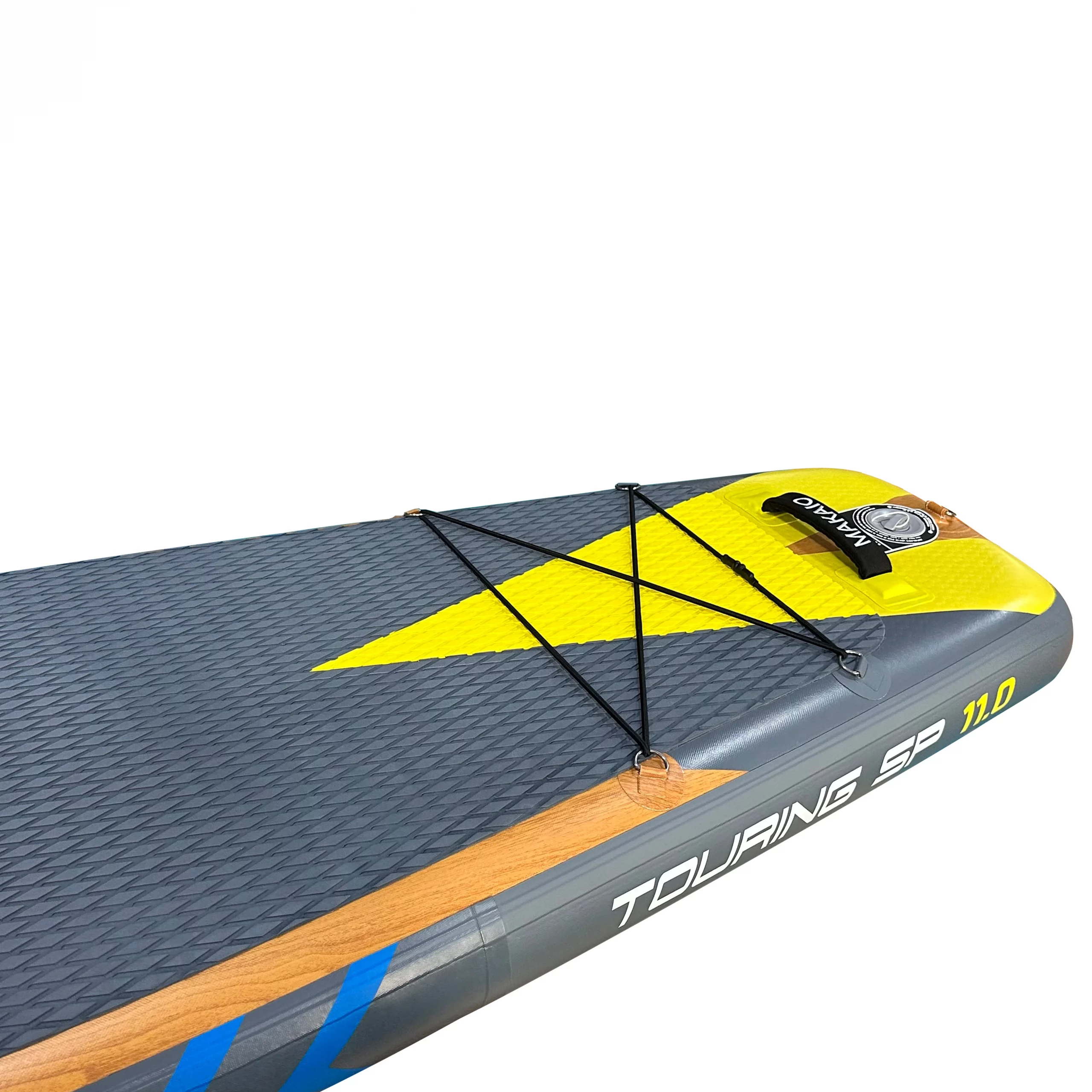 Detailansicht Stand up Paddel Board Heck, mit handgriff und Gepaecknetz.